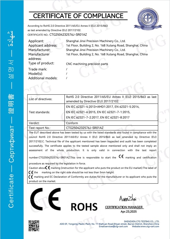 RoHS product compliance report supplied by Jinxi